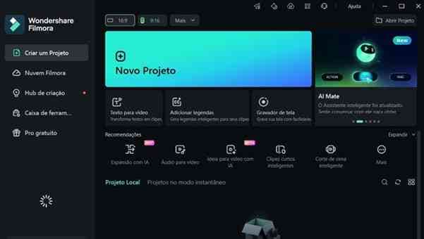 Passo 1: Tela inicial do Filmora selecionando a opção Novo Projeto