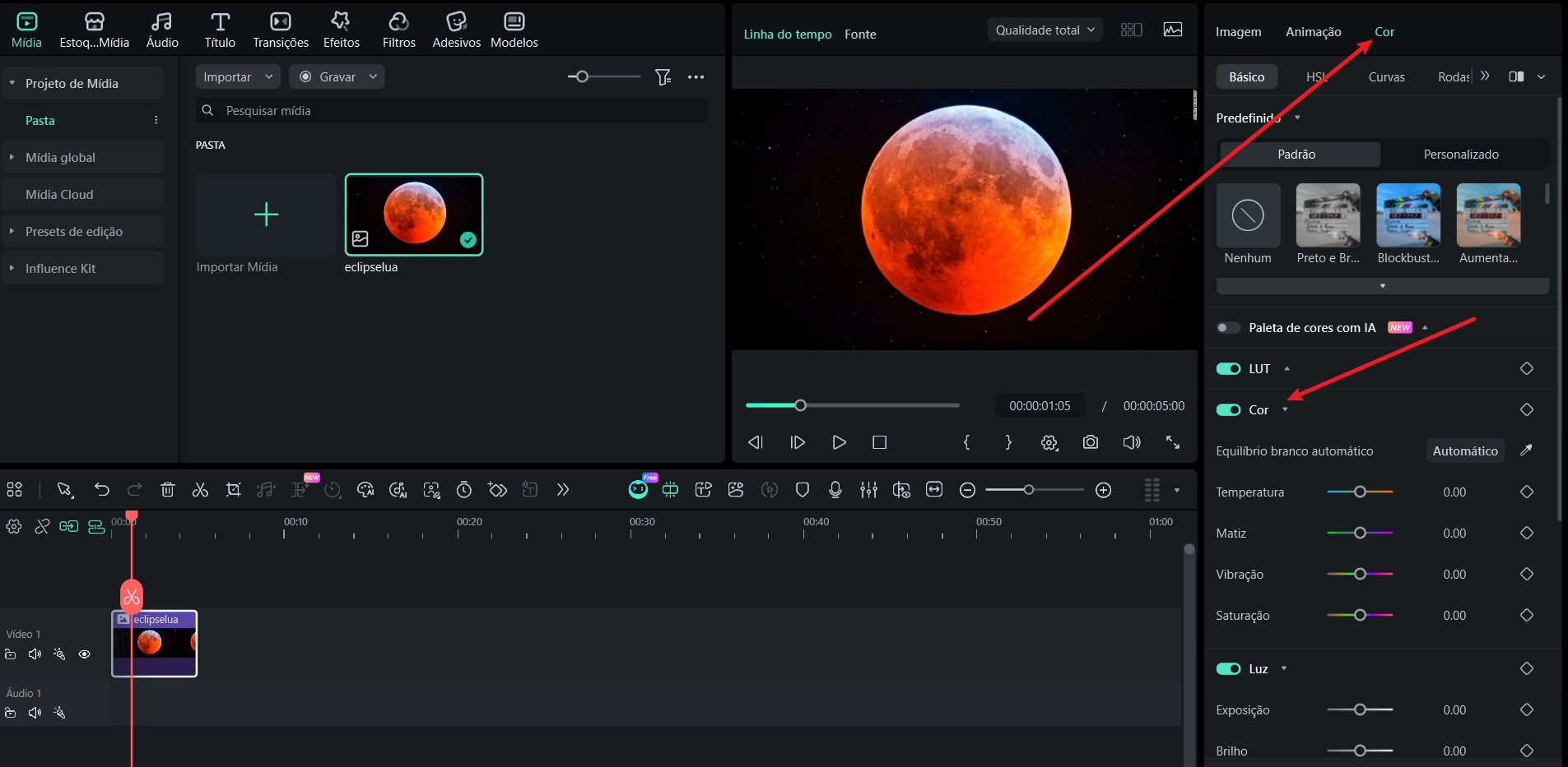 Correção de cor da lua vermelha