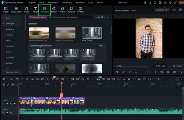 Passo 5: Escolhendo e aplicando efeitos de transição entre as mídias no Filmora