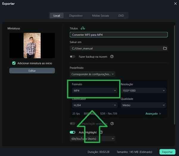 Passo 7: Configurando a exportação do arquivo final no formato de vídeo MP4