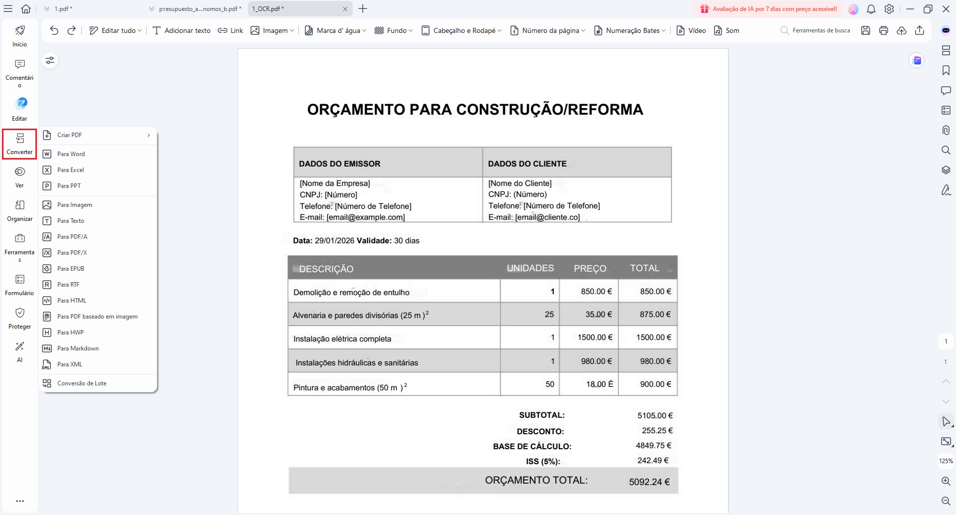 converter modelo de orçamento em PDF