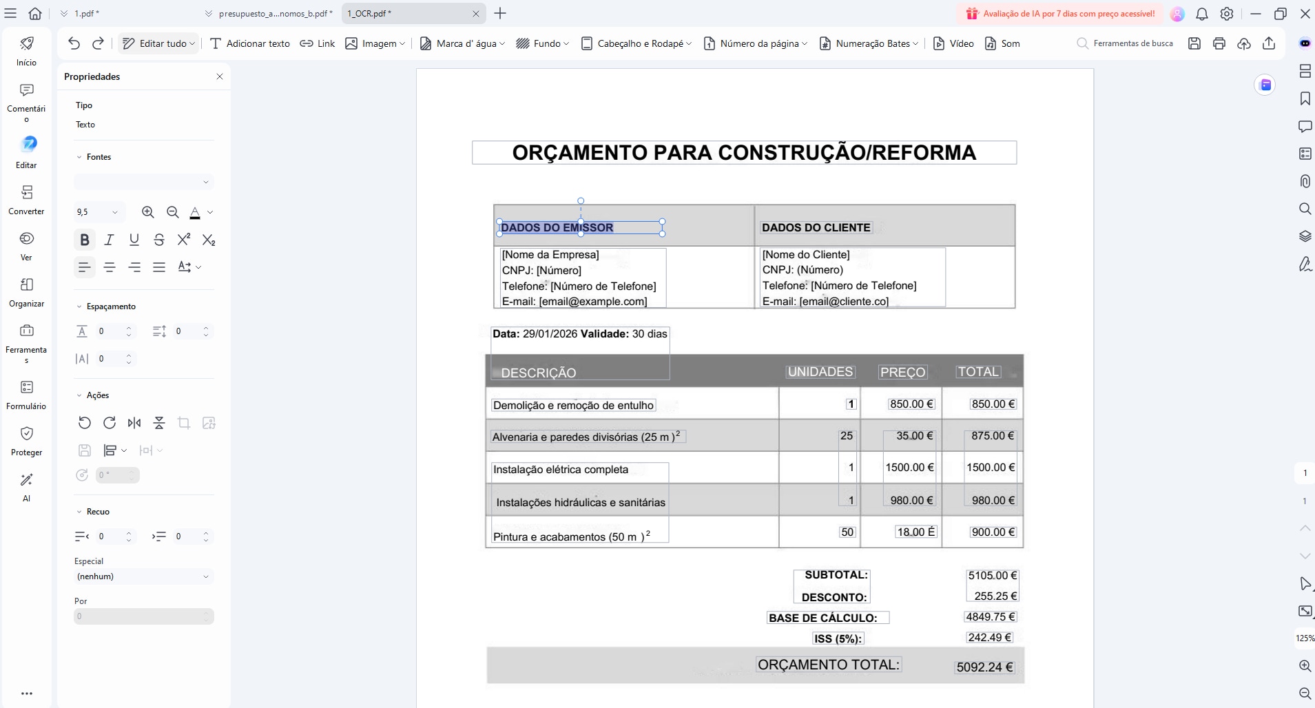 Edite o modelo de orçamento no PDFelement