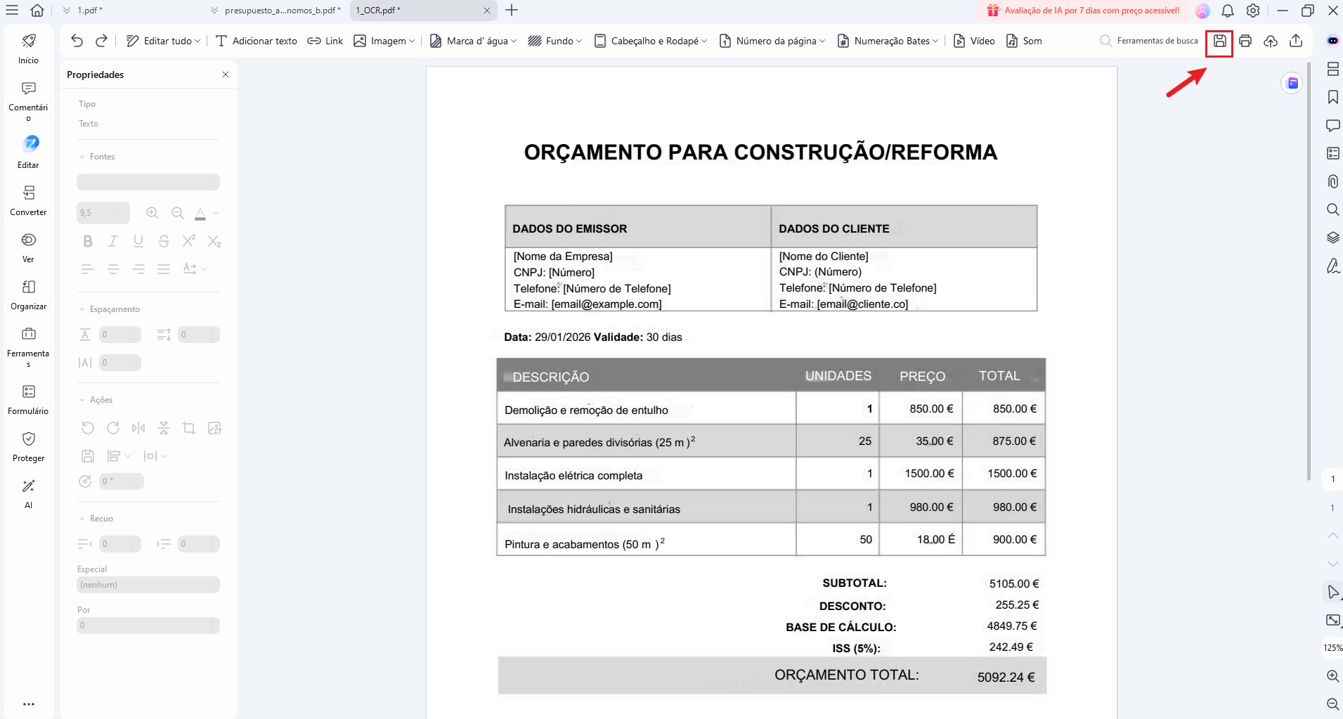 Salve e entregue o orçamento