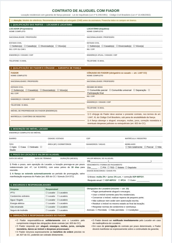 Modelo de contrato de aluguel com fiador