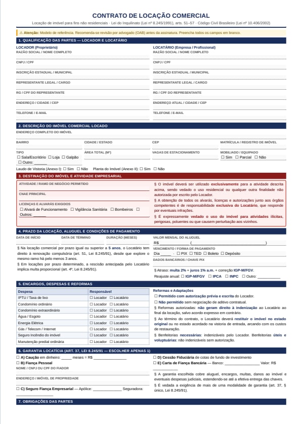 Modelo de contrato de aluguel comercial