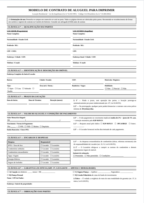Modelo de contrato de aluguel para imprimir