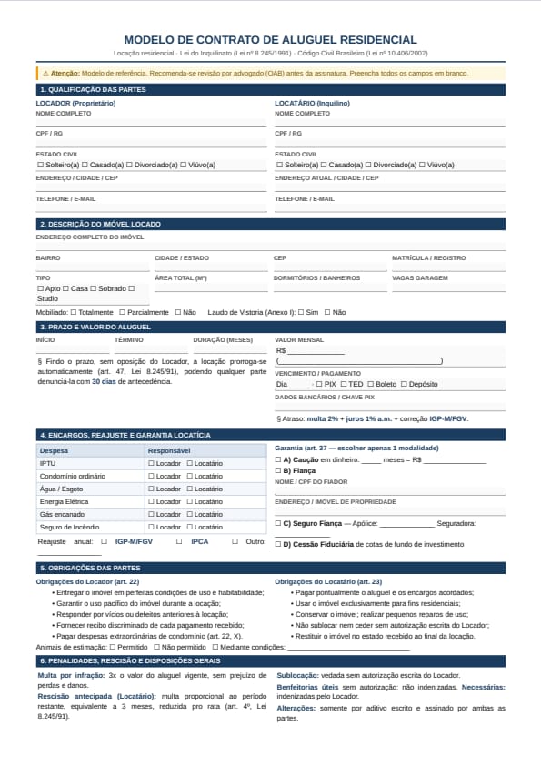 Modelo de contrato de aluguel residencial