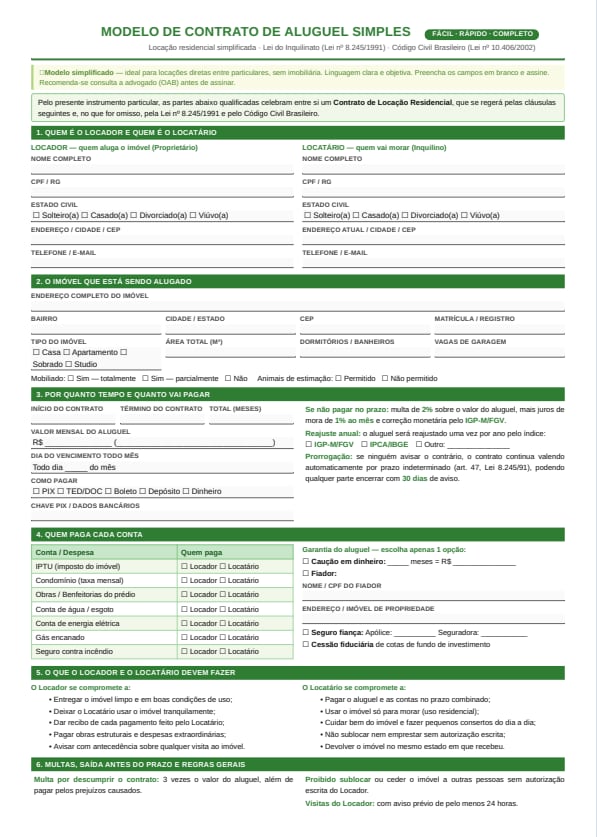 Modelo de contrato de aluguel simples