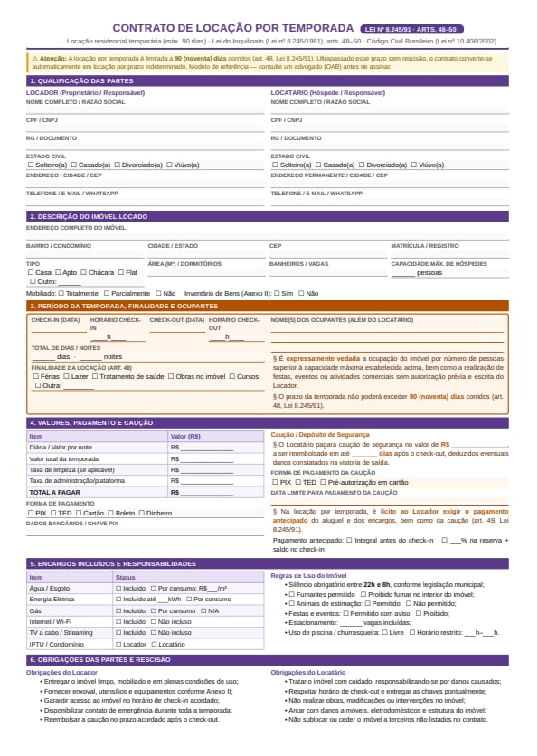 Modelo de contrato de aluguel temporário