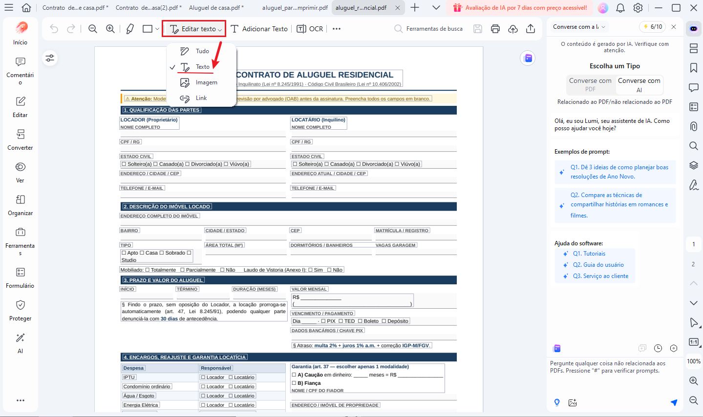 editar contrato de aluguel
