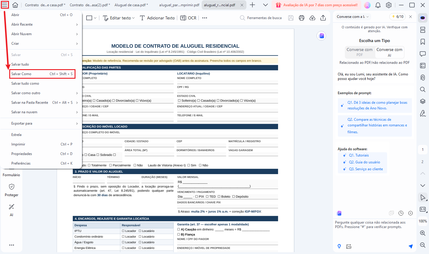 salvar contrato de aluguel