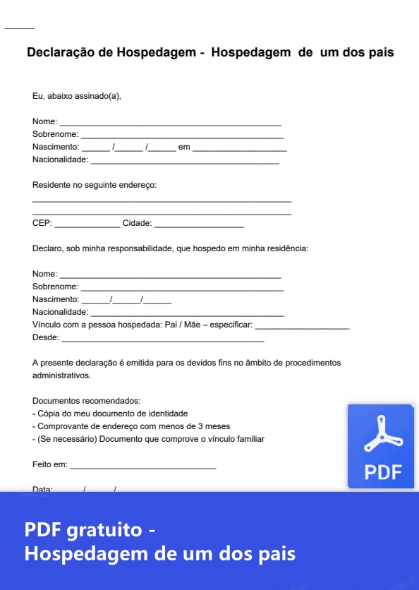 Atestado de hospedagem para pai/mãe PDF