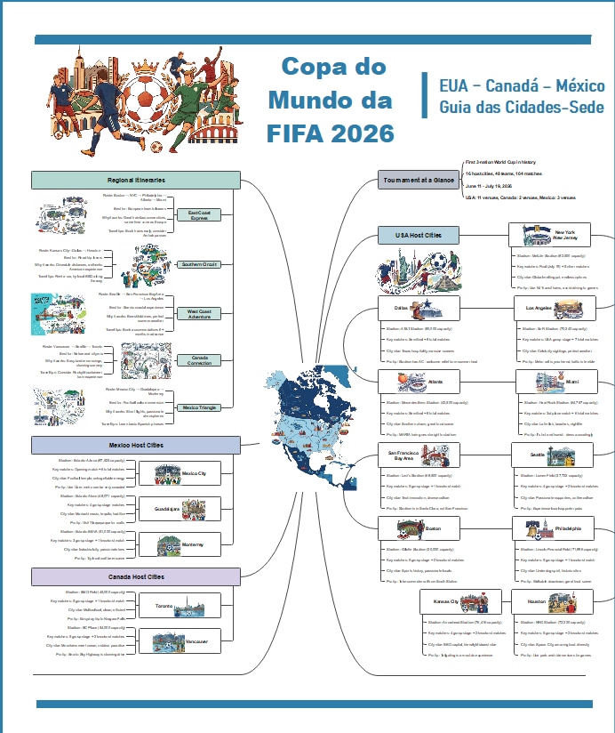 Mapa mental em PDF das cidades-sede e roteiros da Copa do Mundo 2026