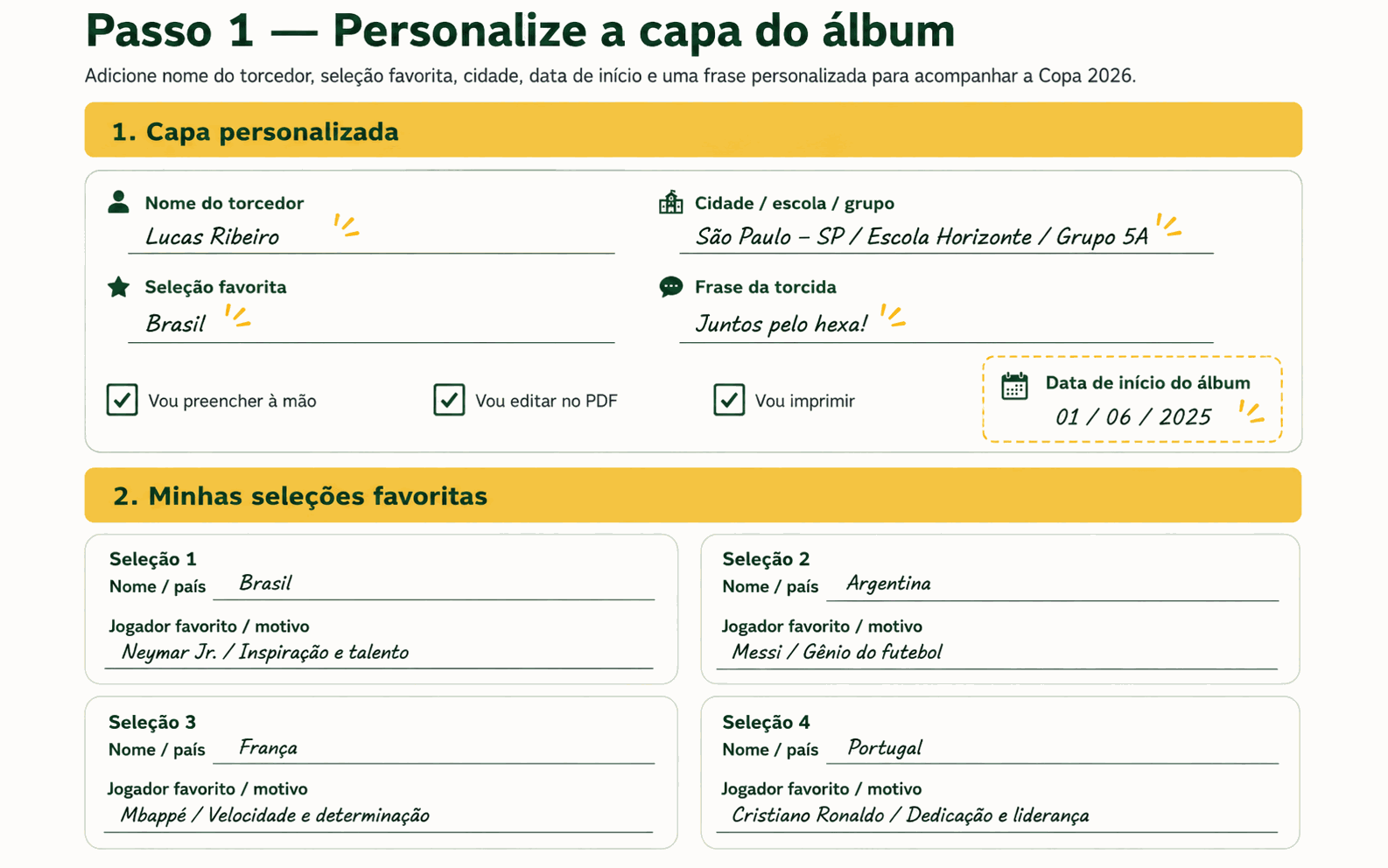 Modelo PDF editável de álbum da Copa 2026 para preencher