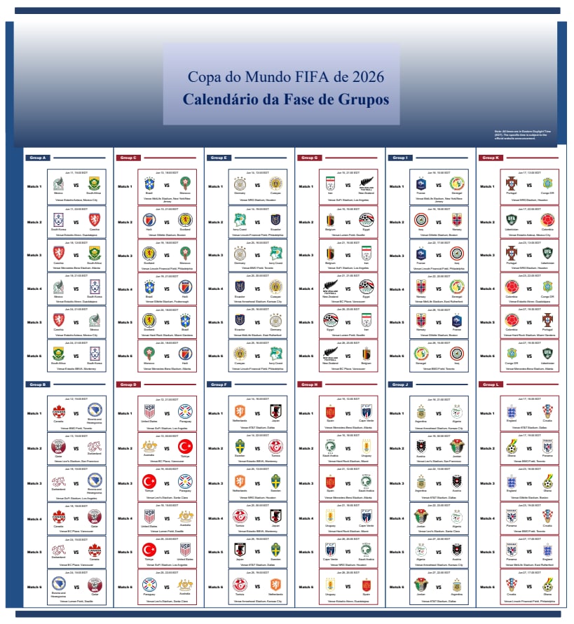 Calendário da fase de grupos da Copa do Mundo 2026 em PDF