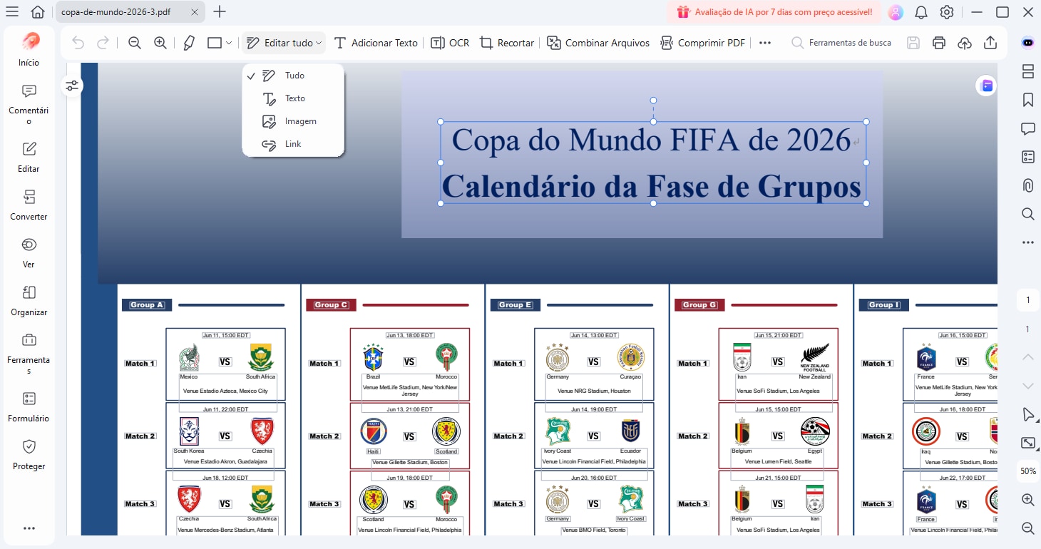Editar tabela Copa do Mundo 2026 PDF no PDFelement