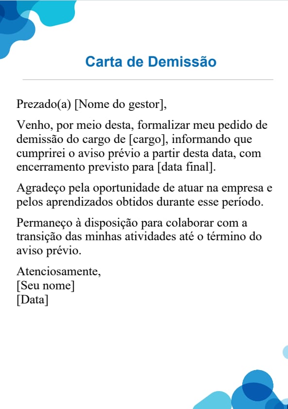 Modelo de carta de demissão com cumprimento de aviso prévio