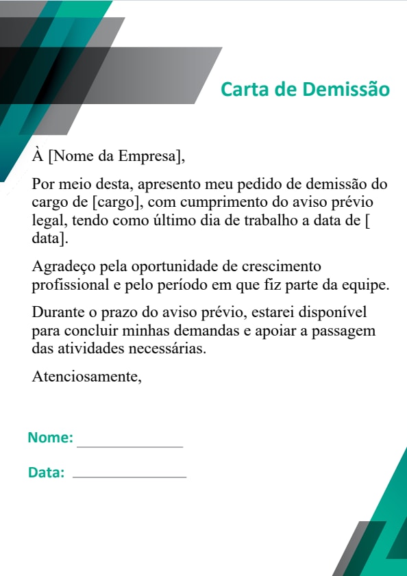Modelo de carta de demissão com aviso prévio e transição organizada