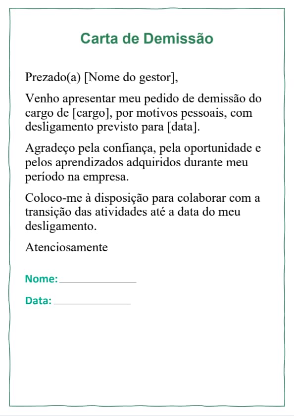 Modelo de carta de demissão demissão por motivos pessoais padrão