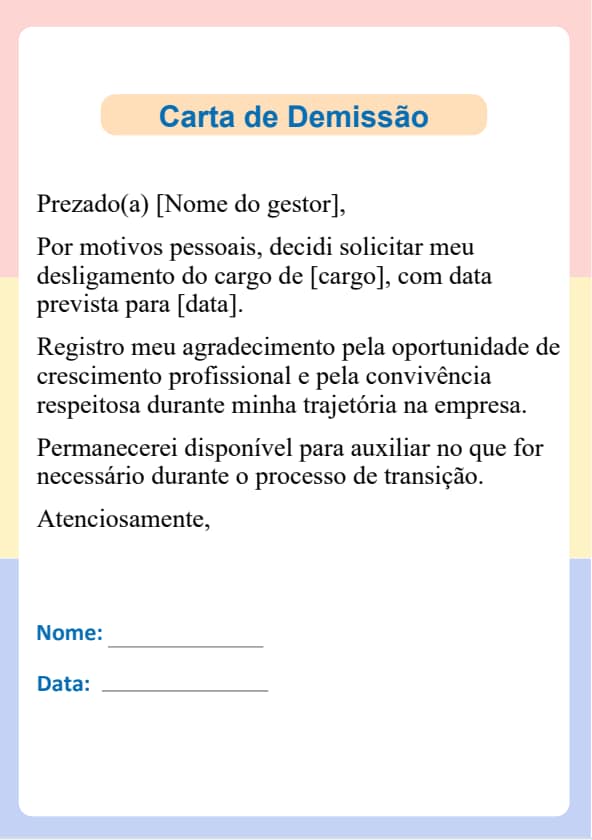 Modelo de carta de demissão por motivos pessoais com tom cordial