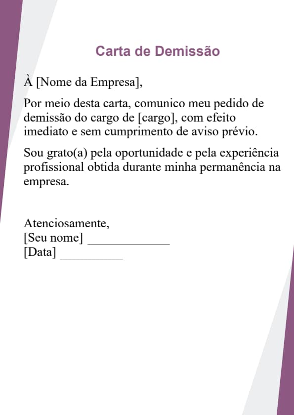 Modelo de carta de demissão sem aviso prévio por motivos particulares