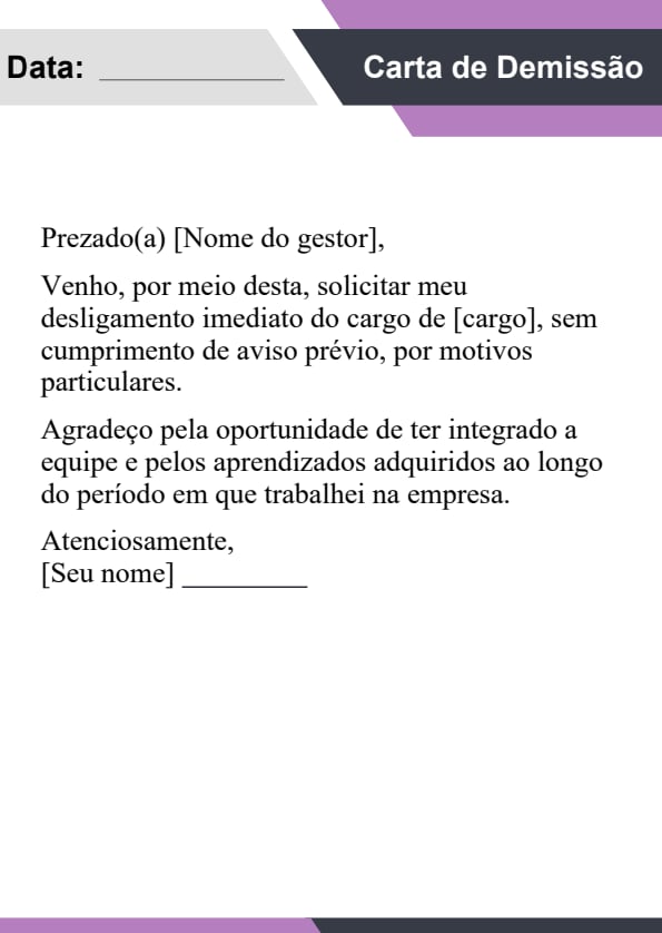 Modelo de carta de demissão demissão imediata sem aviso prévio