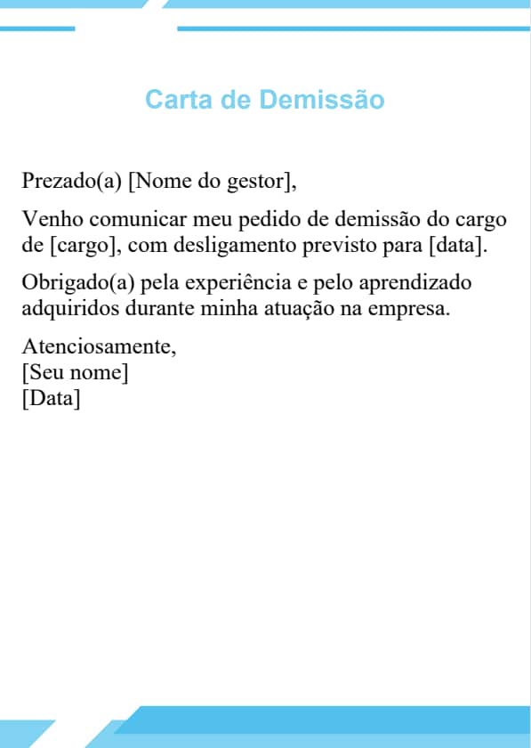 Modelo de carta de demissão demissão simples com tom cordial