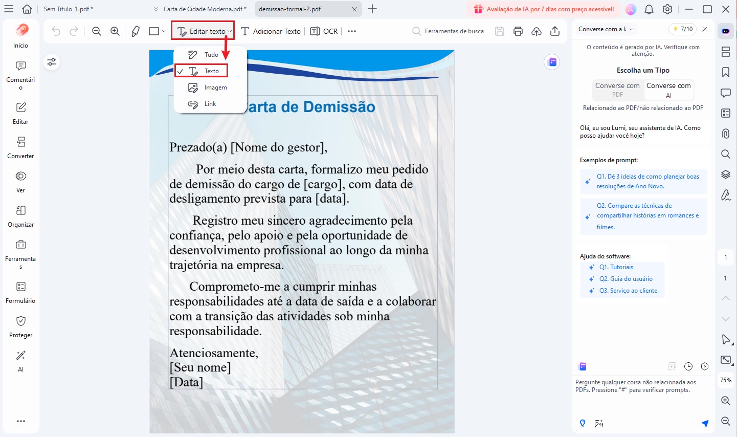 editar carta de demissão