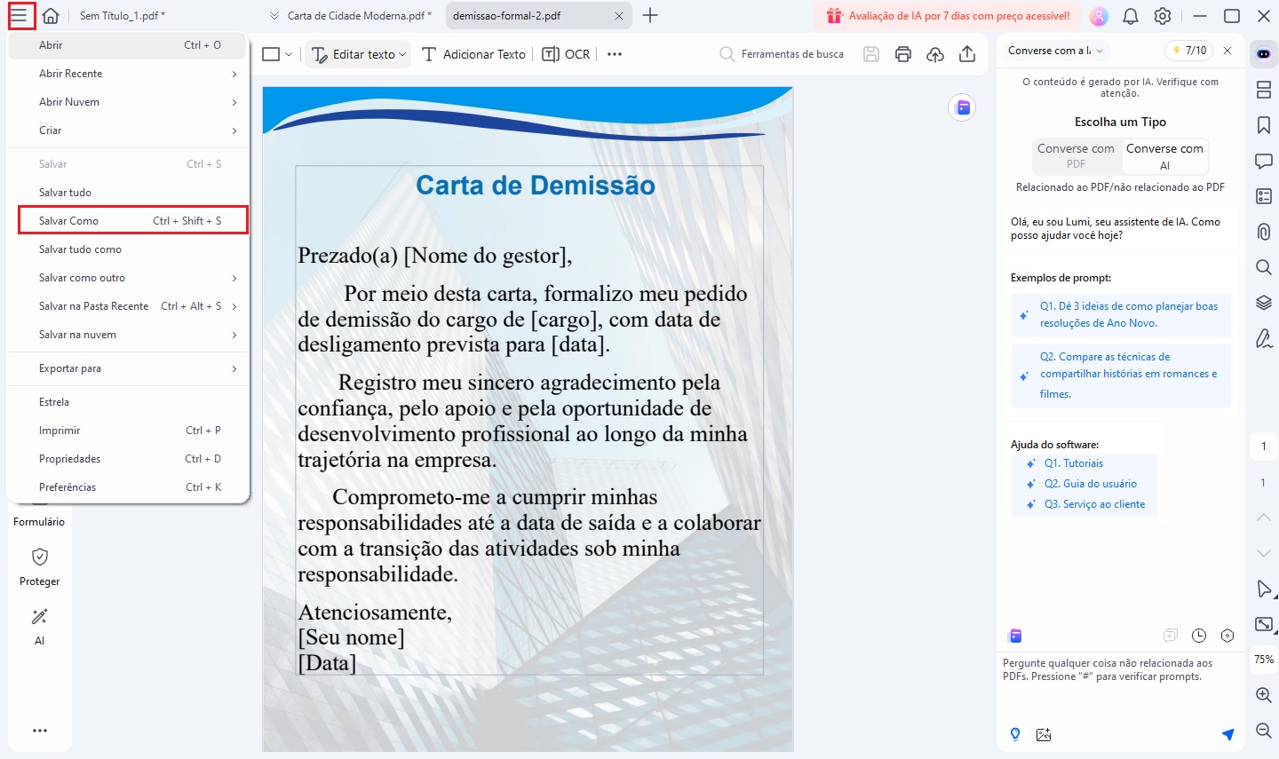 salvar carta de demissão