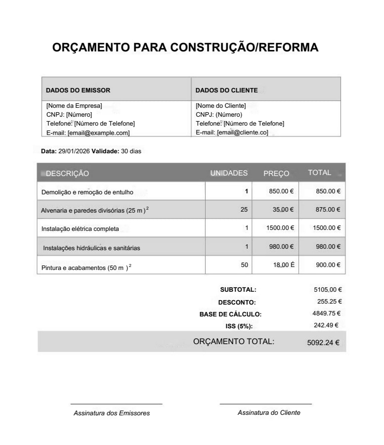 Modelo de orçamento Excel para autônomos (serviços) – design azul