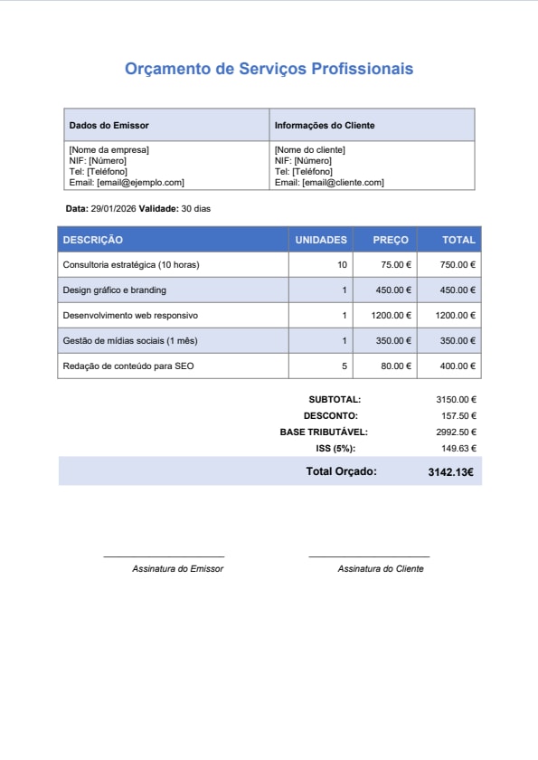 Modelo de orçamento PDF para autônomos (serviços) – design azul
