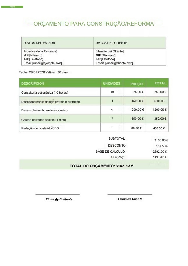 Modelo de orçamento Word para autônomos (serviços) – design verde