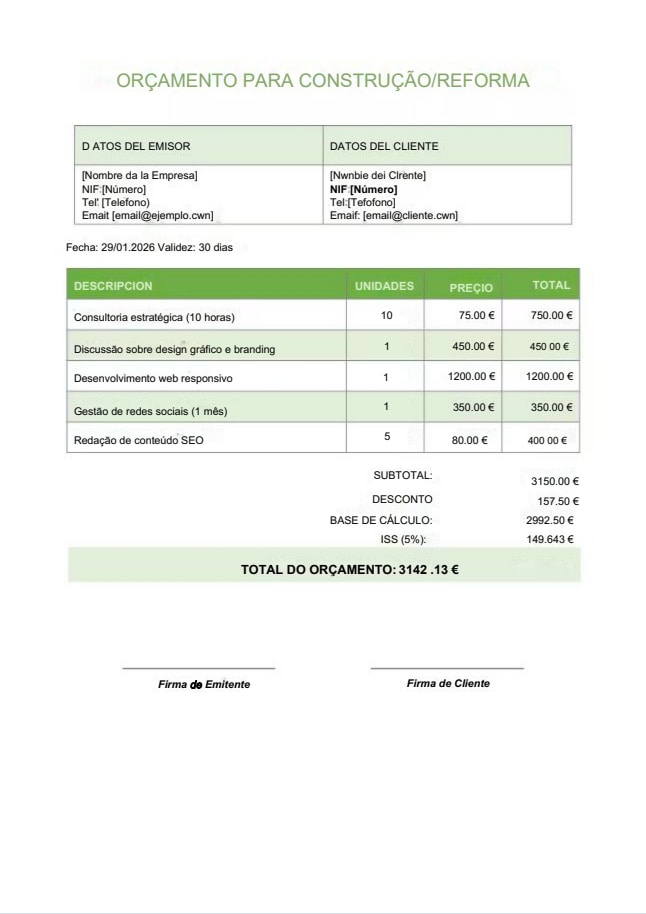 Modelo de orçamento Excel para autônomos (serviços) – design verde