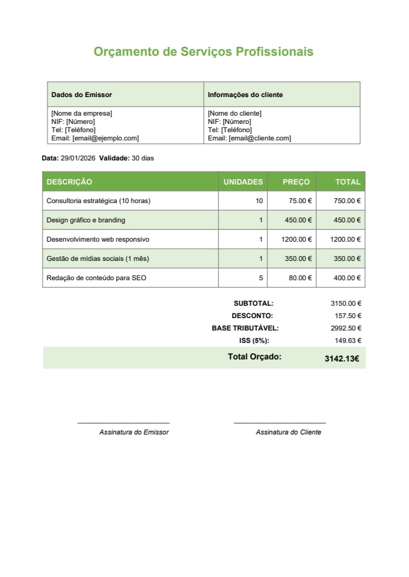 Modelo de orçamento PDF para autônomos (serviços) – design verde