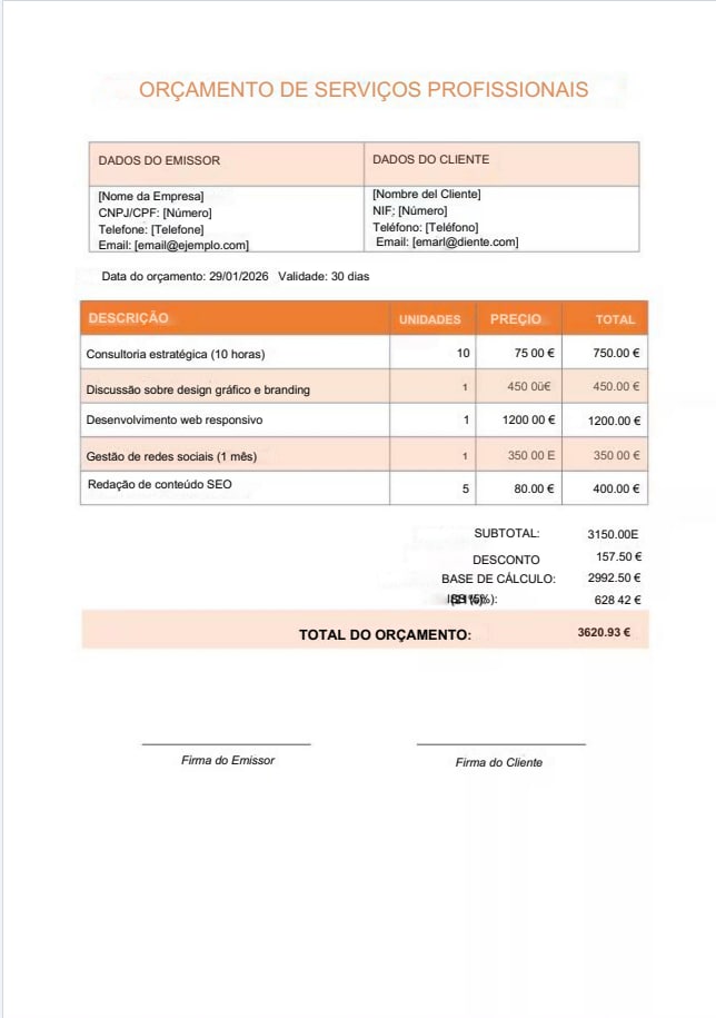 Modelo de orçamento Excel para autônomos (serviços) – design laranja