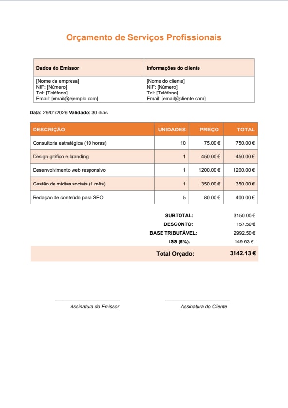 Modelo de orçamento PDF para autônomos (serviços) – design laranja