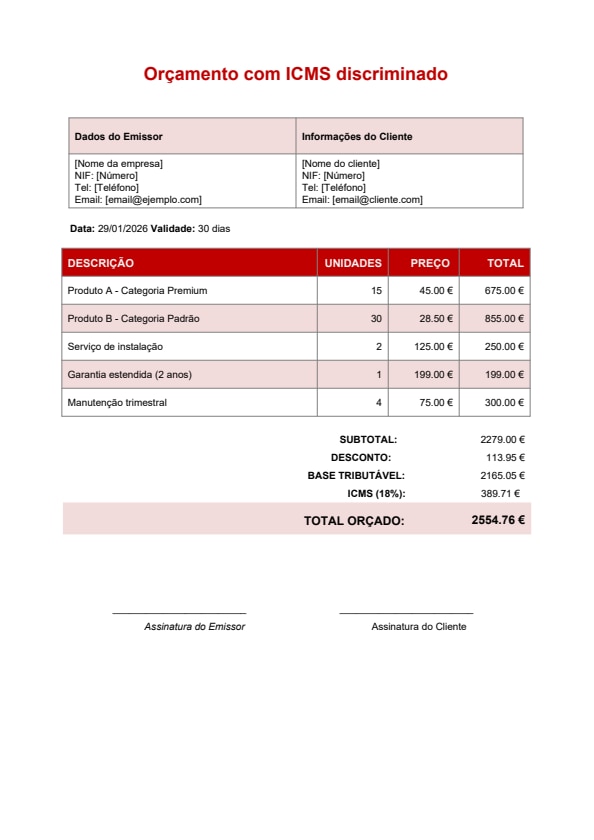 Modelo de orçamento PDF com impostos (ISS/ICMS) – design vermelho