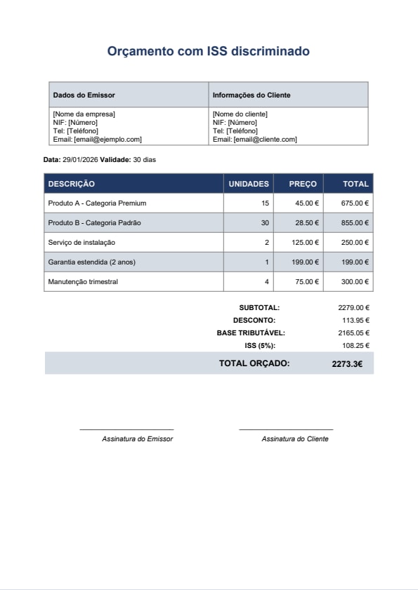 Modelo de orçamento PDF com impostos (ISS/ICMS) – design azul-marinho
