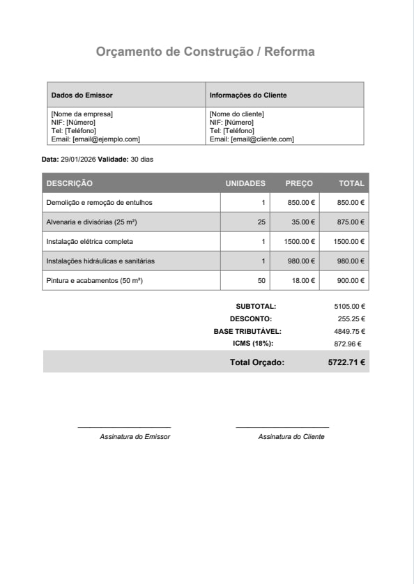 Modelo de orçamento PDF para obra/reforma – design cinza