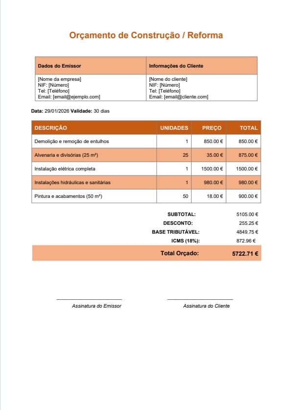 Modelo de orçamento PDF para obra/reforma – design marrom