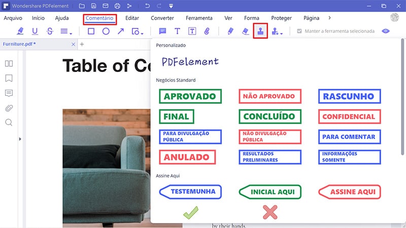 adicionar carimbo à página em pdf