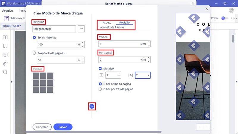 configurações avançadas de marca d’água