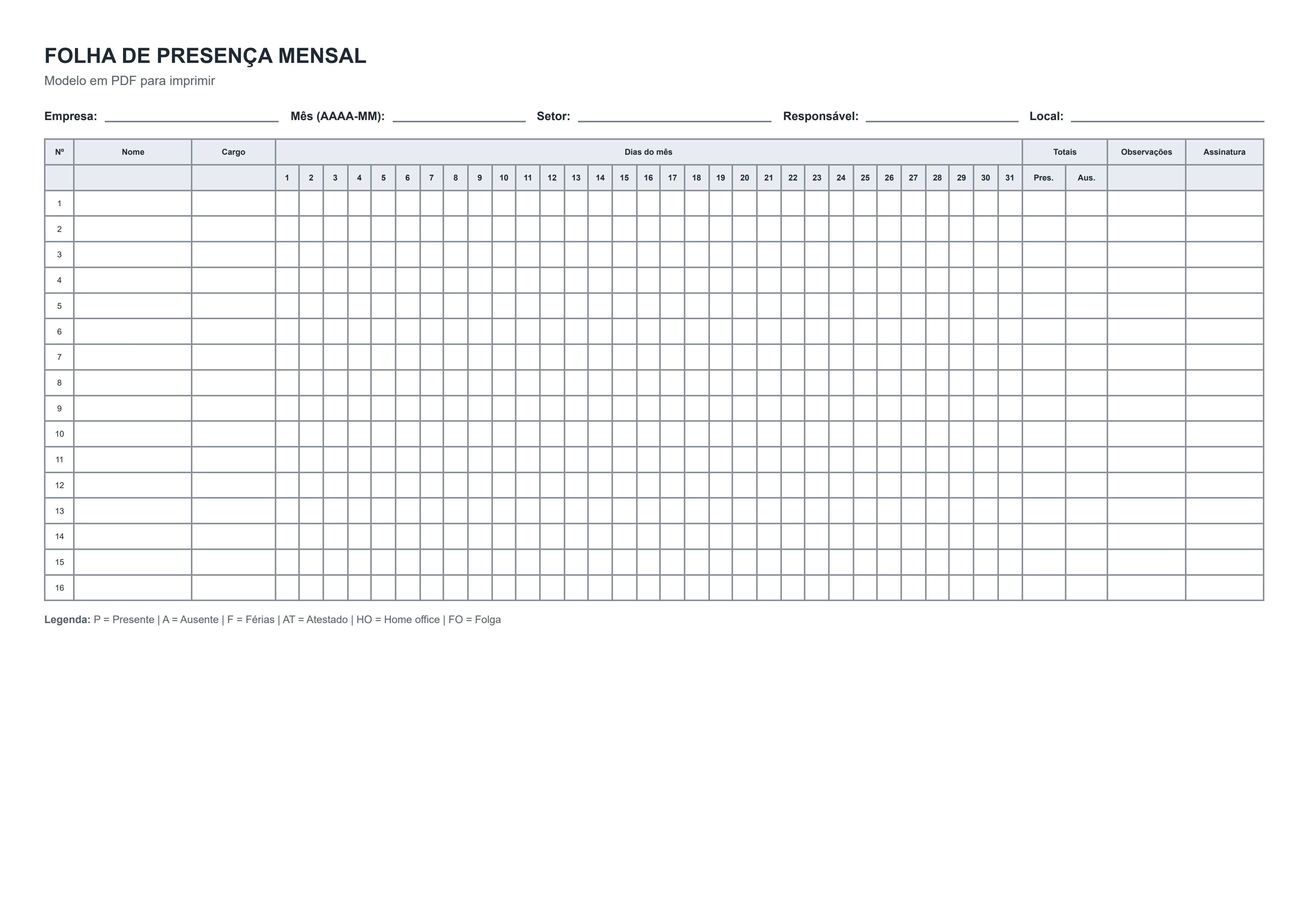 Registro de presença mensal com horários