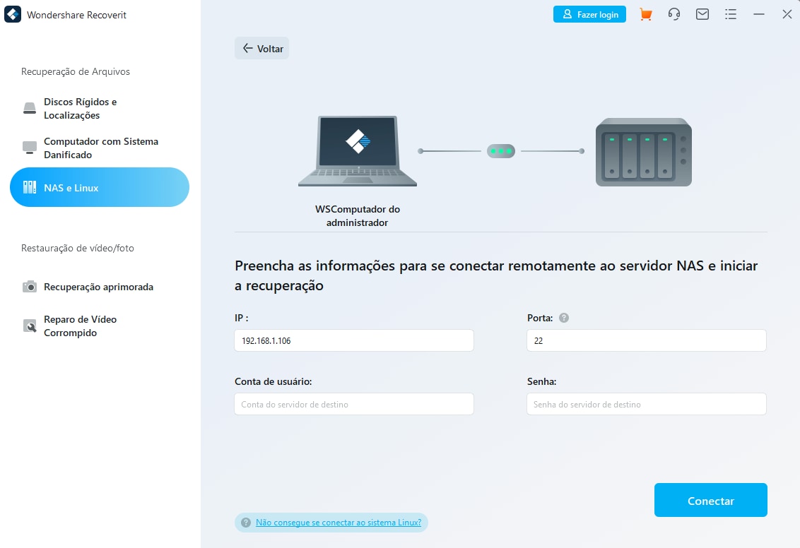 conecte o servidor nas para recuperar arquivos