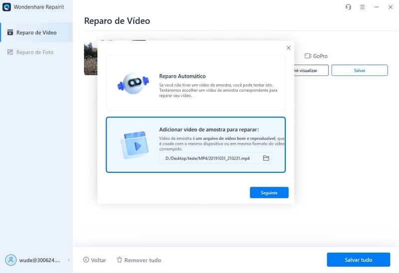 adicionar amostra de vídeo para reparação