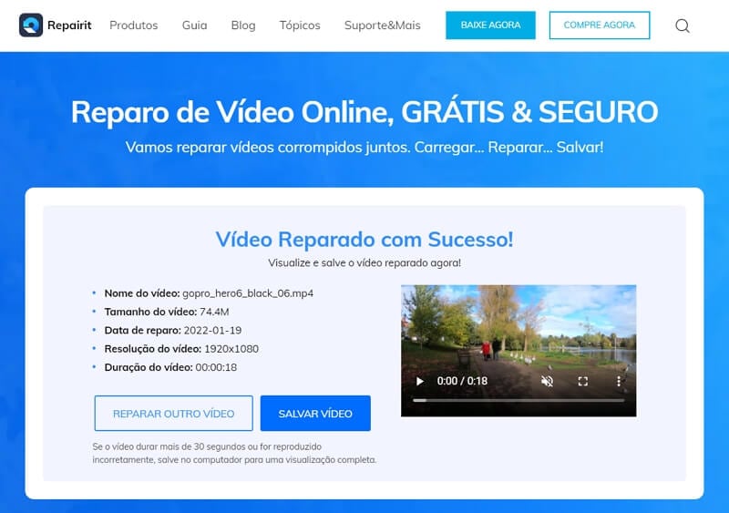 recuperar vídeo mp4 corrompido grátis - reparação concluída