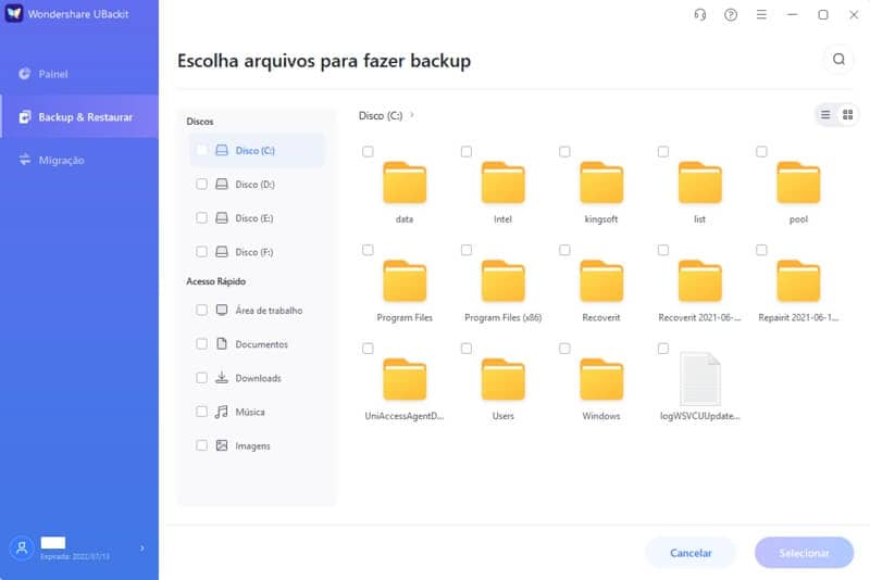 selecione a fonte de backup