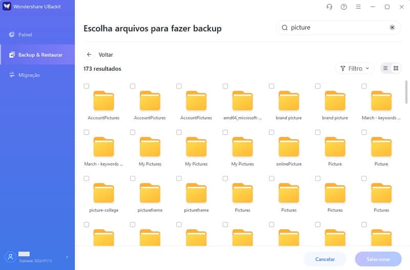 pesquise itens de backup