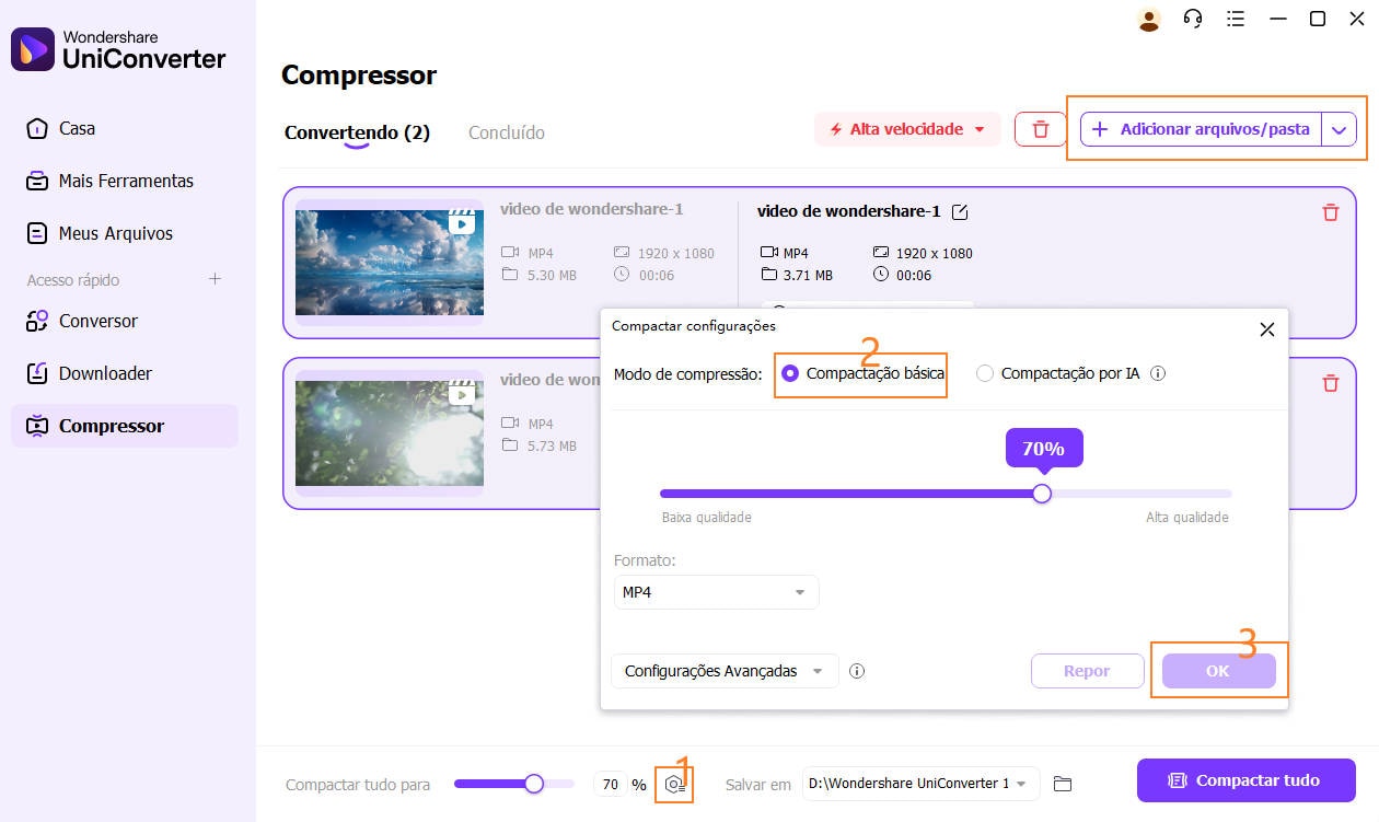 gerenciar configurações de compressão uniconverter