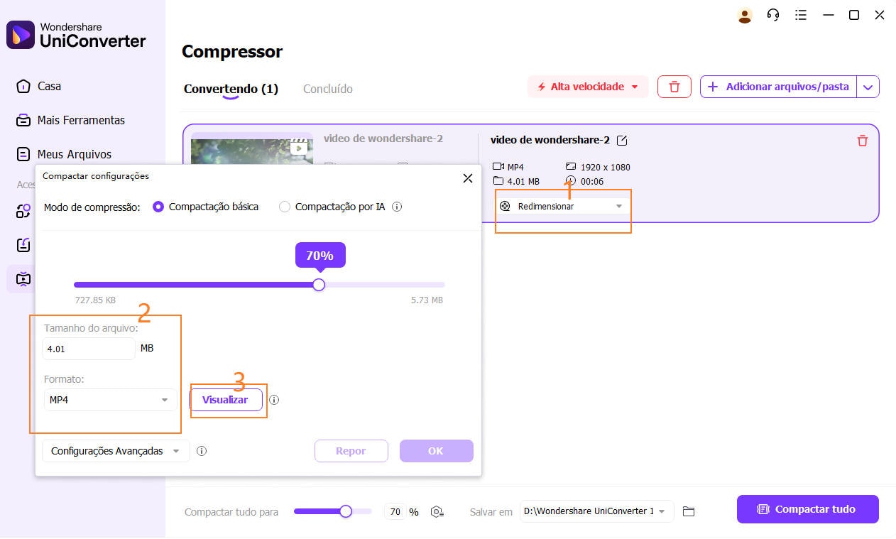 definir configurações básicas de compactação de arquivo